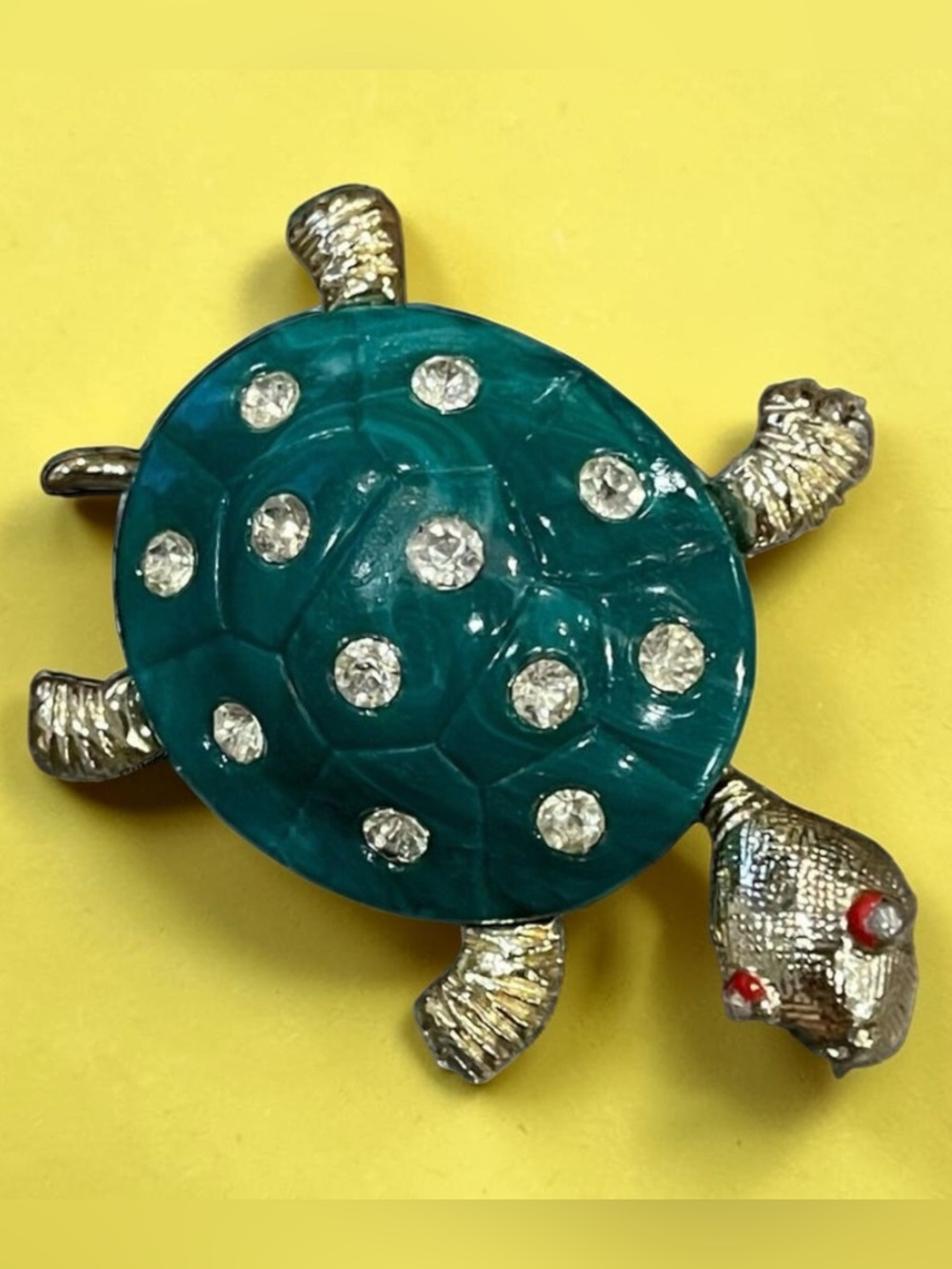 Vintage Turtle Brooch Gold Tone Dainty Cute Green With Clear Rhinestones